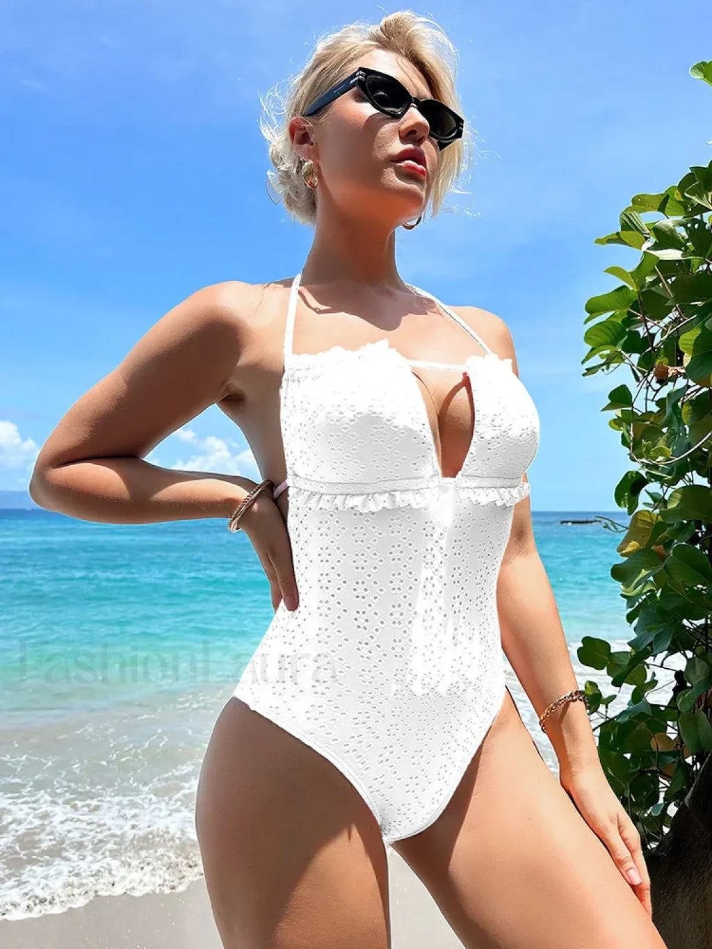 Ruffle Halter Lace Up One Piece White / S