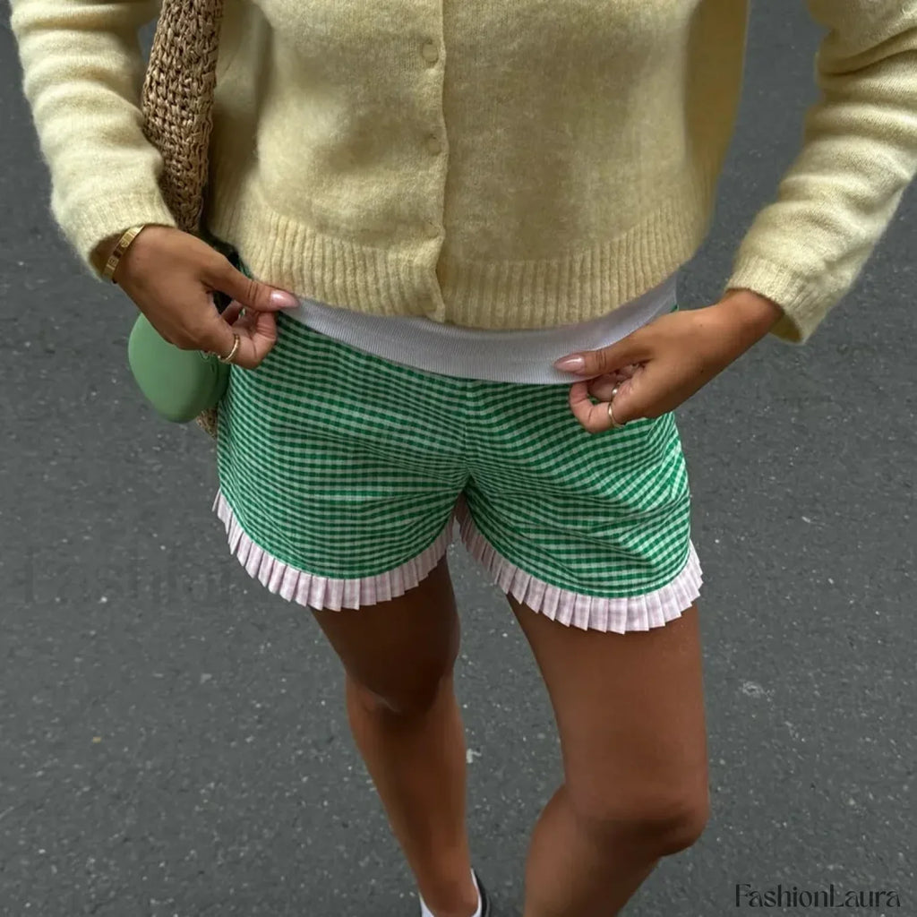 Ruffle Hem Boxer Plaid Print Elastic High Waist Loose Short