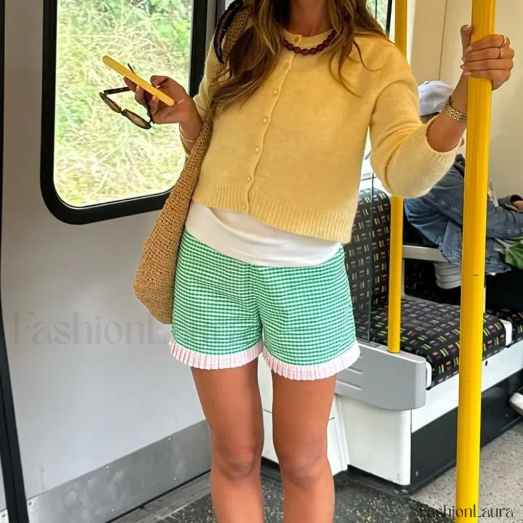 Ruffle Hem Boxer Plaid Print Elastic High Waist Loose Short