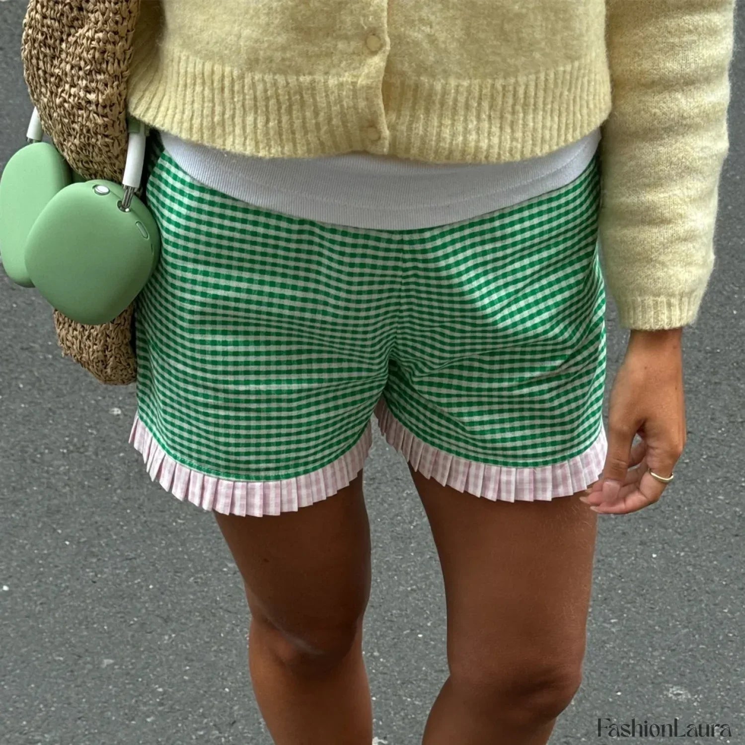 Ruffle Hem Boxer Plaid Print Elastic High Waist Loose Short S