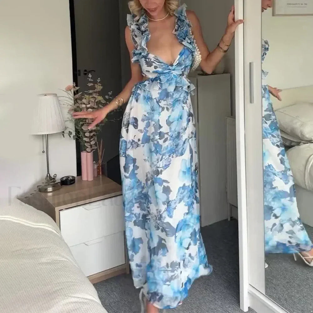 Ruffle Hem V Neck Floral Dress