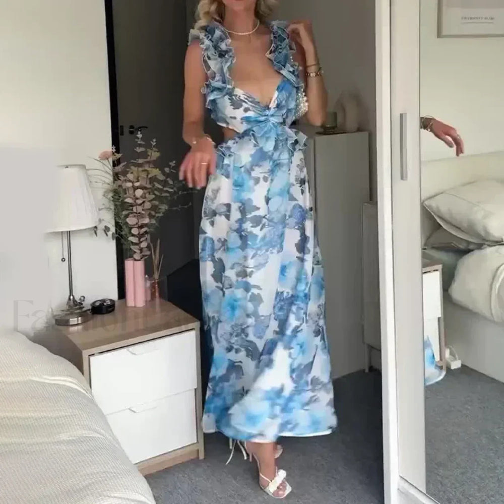 Ruffle Hem V Neck Floral Dress