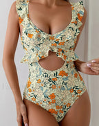 Ruffle Hollow Push Up Print One Piece green / S