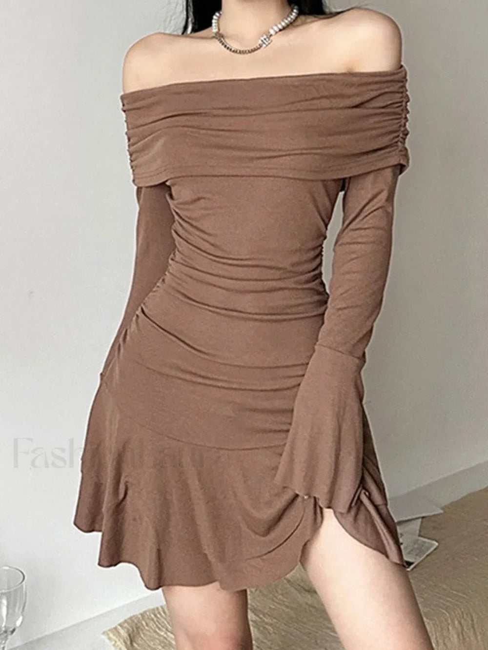 Ruffle Off Shoulder Ribbed Mini Dress Brown / S Mini Dresses