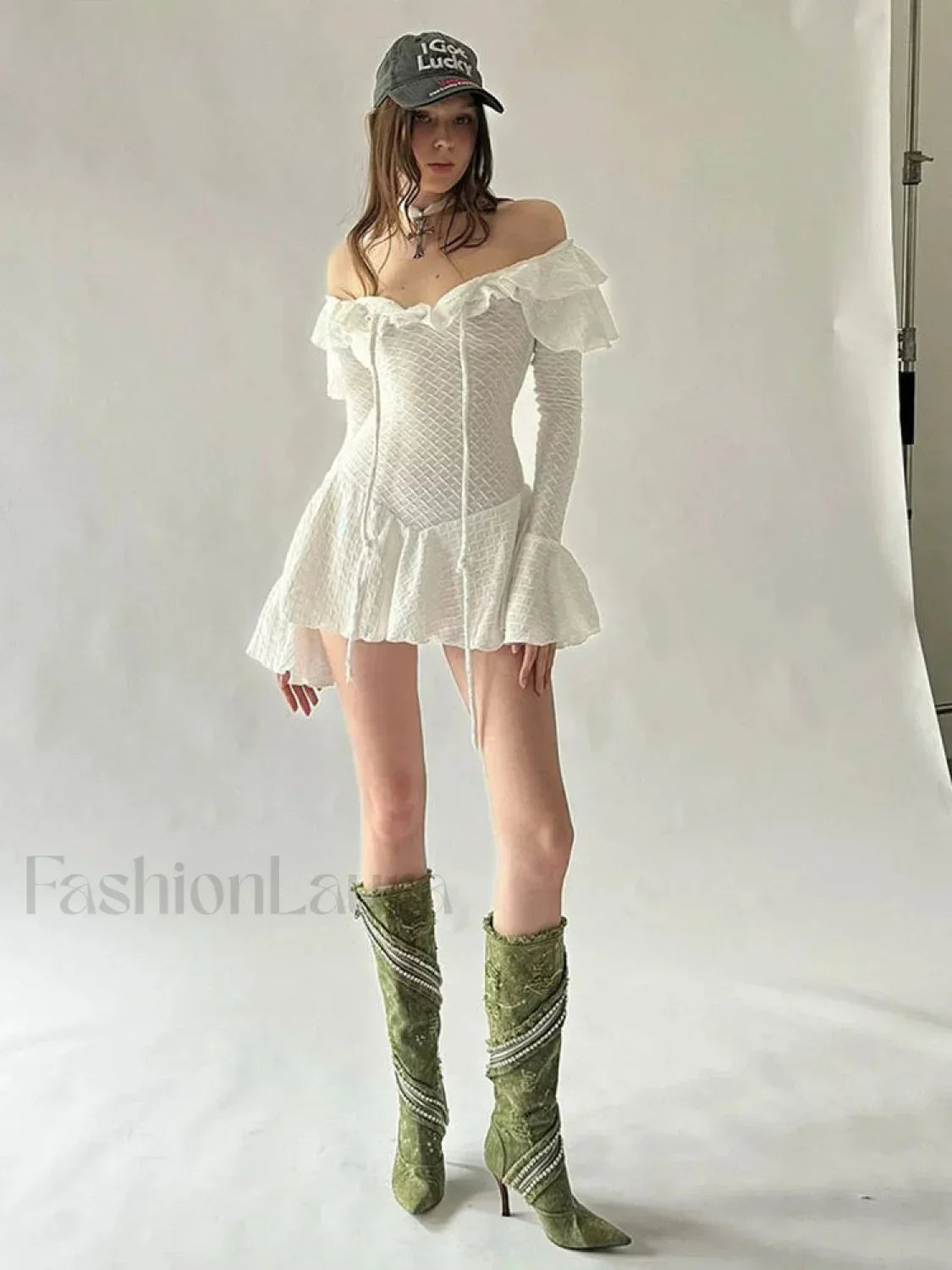 Ruffle Slash Neck Ribbon Mini Dress