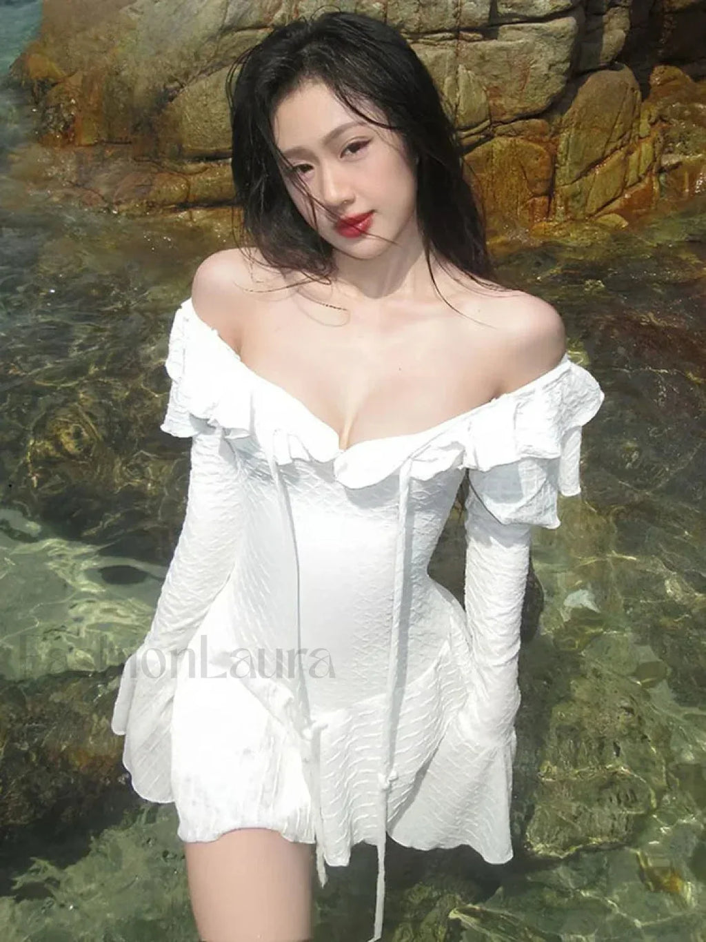 Ruffle Slash Neck Ribbon Mini Dress