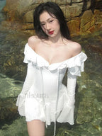 Ruffle Slash Neck Ribbon Mini Dress