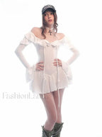 Ruffle Slash Neck Ribbon Mini Dress WHITE / S