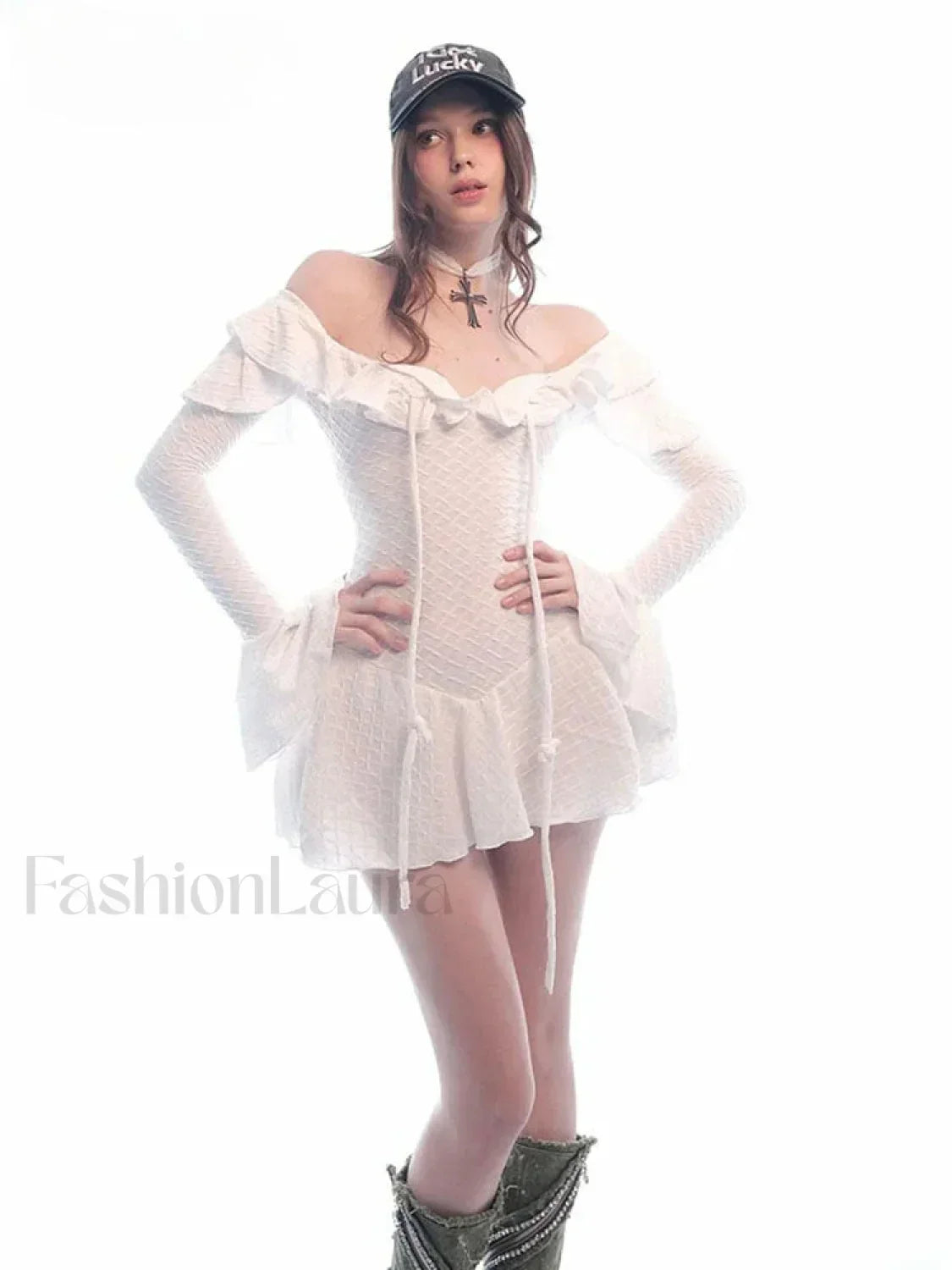 Ruffle Slash Neck Ribbon Mini Dress WHITE / S
