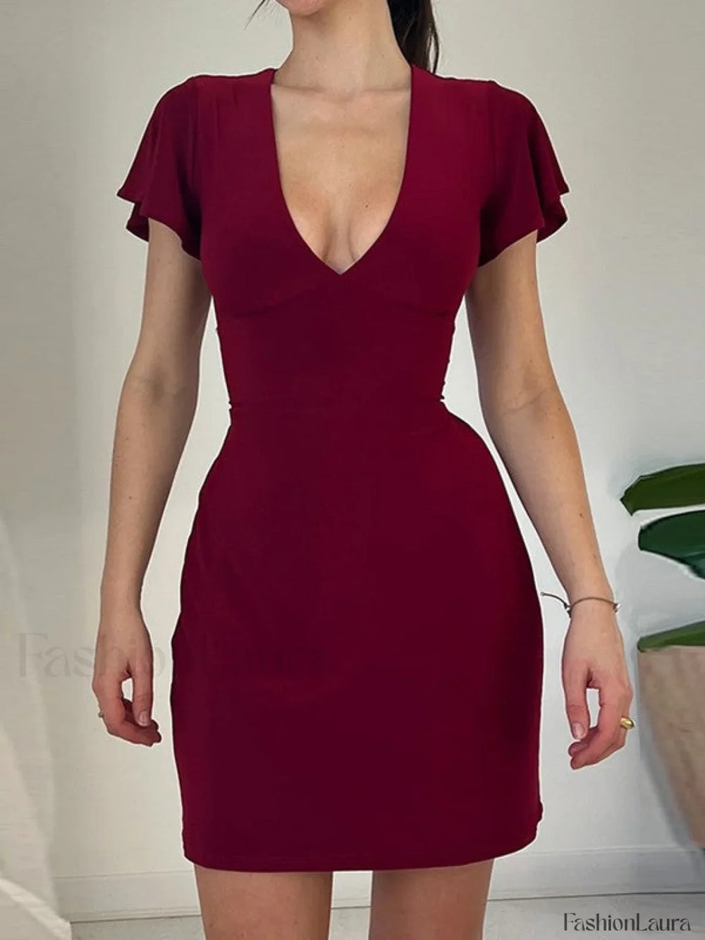 Ruffle Sleeve Bodycon Mini Dress Red / S Mini Dresses