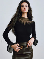 Ruffle Sleeve Thin Sweater Black / XS Sweaters
