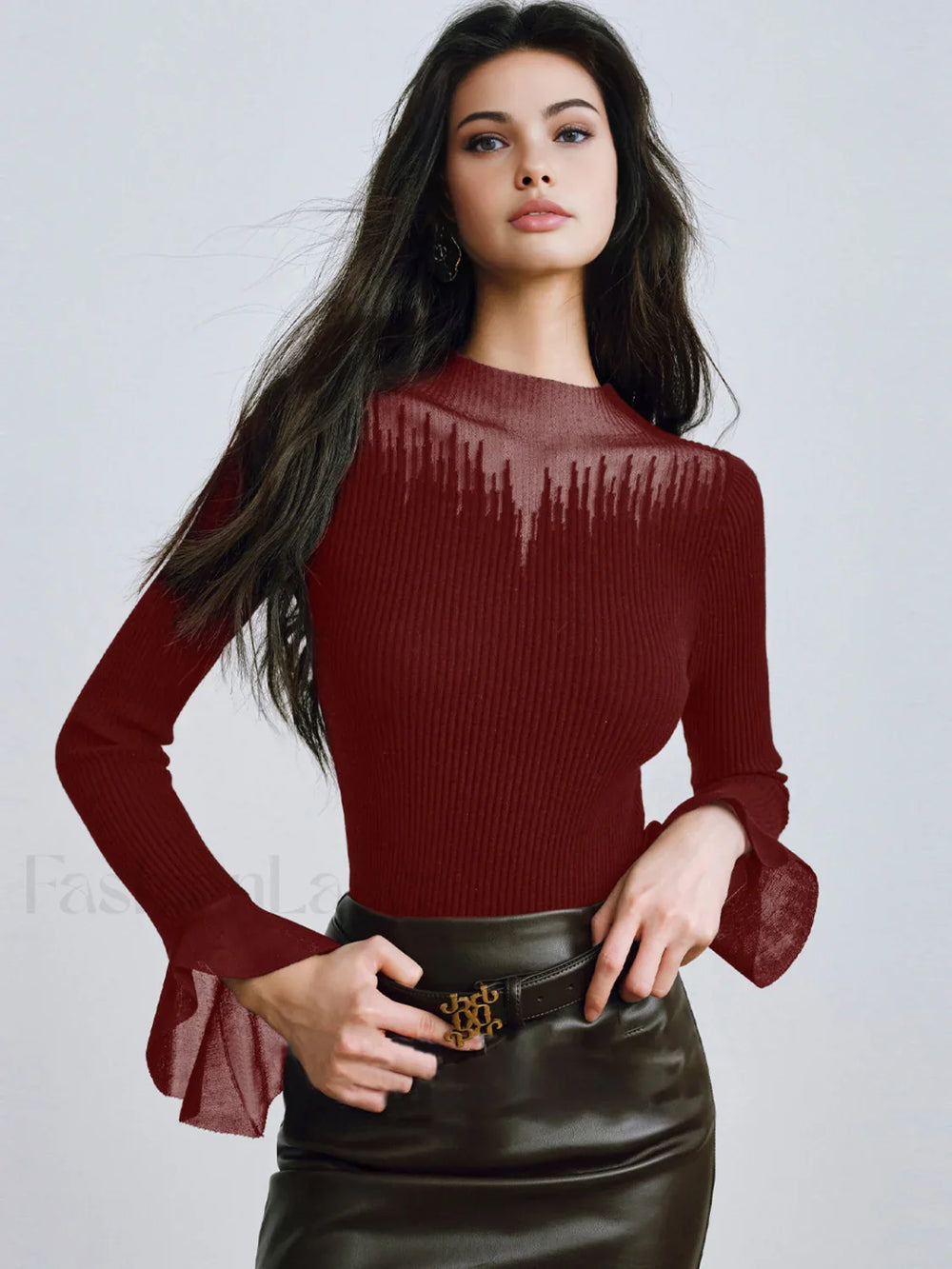 Ruffle Sleeve Thin Sweater Red / XS Sweaters