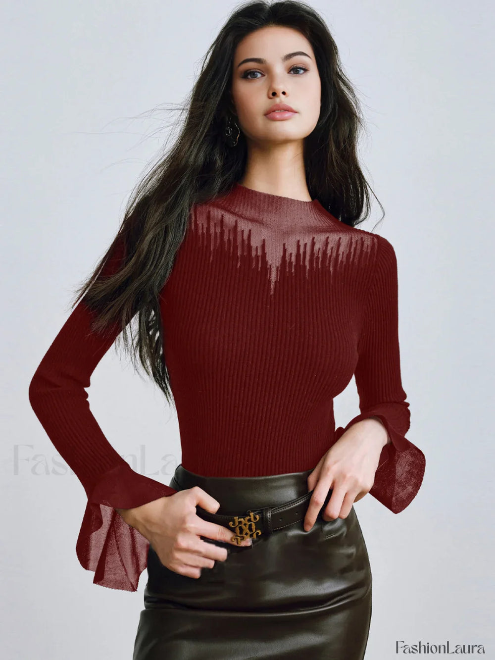Ruffle Sleeve Thin Sweater Red / XS Sweaters