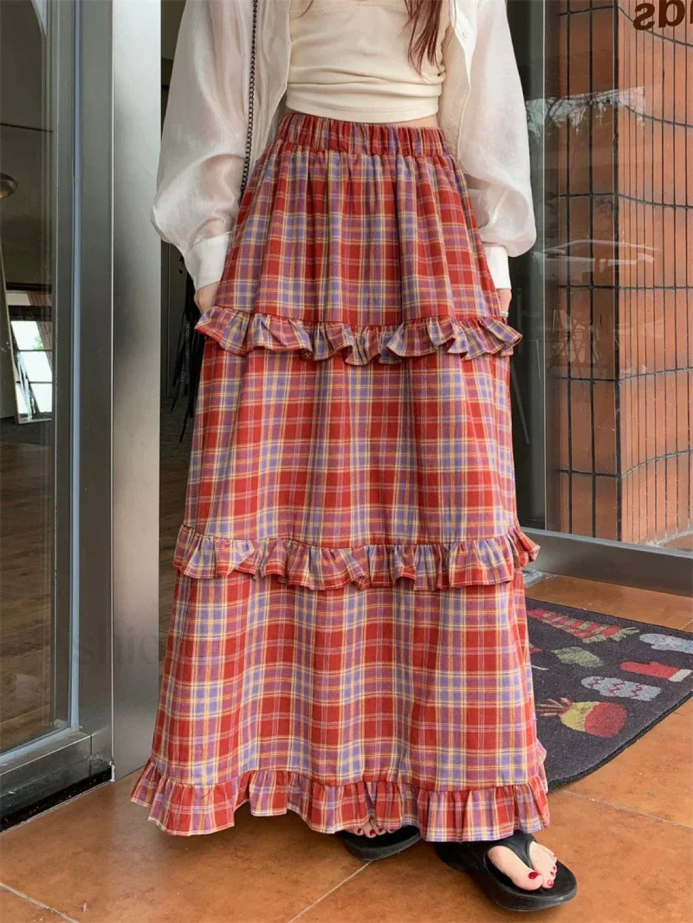 Ruffle Trim Plaid Maxi Skirt Red / One Size
