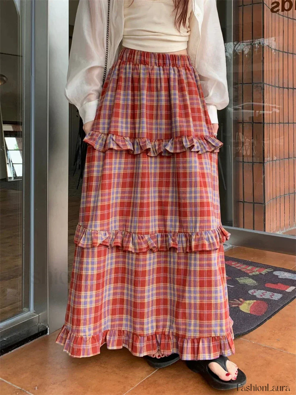 Ruffle Trim Plaid Maxi Skirt Red / One Size