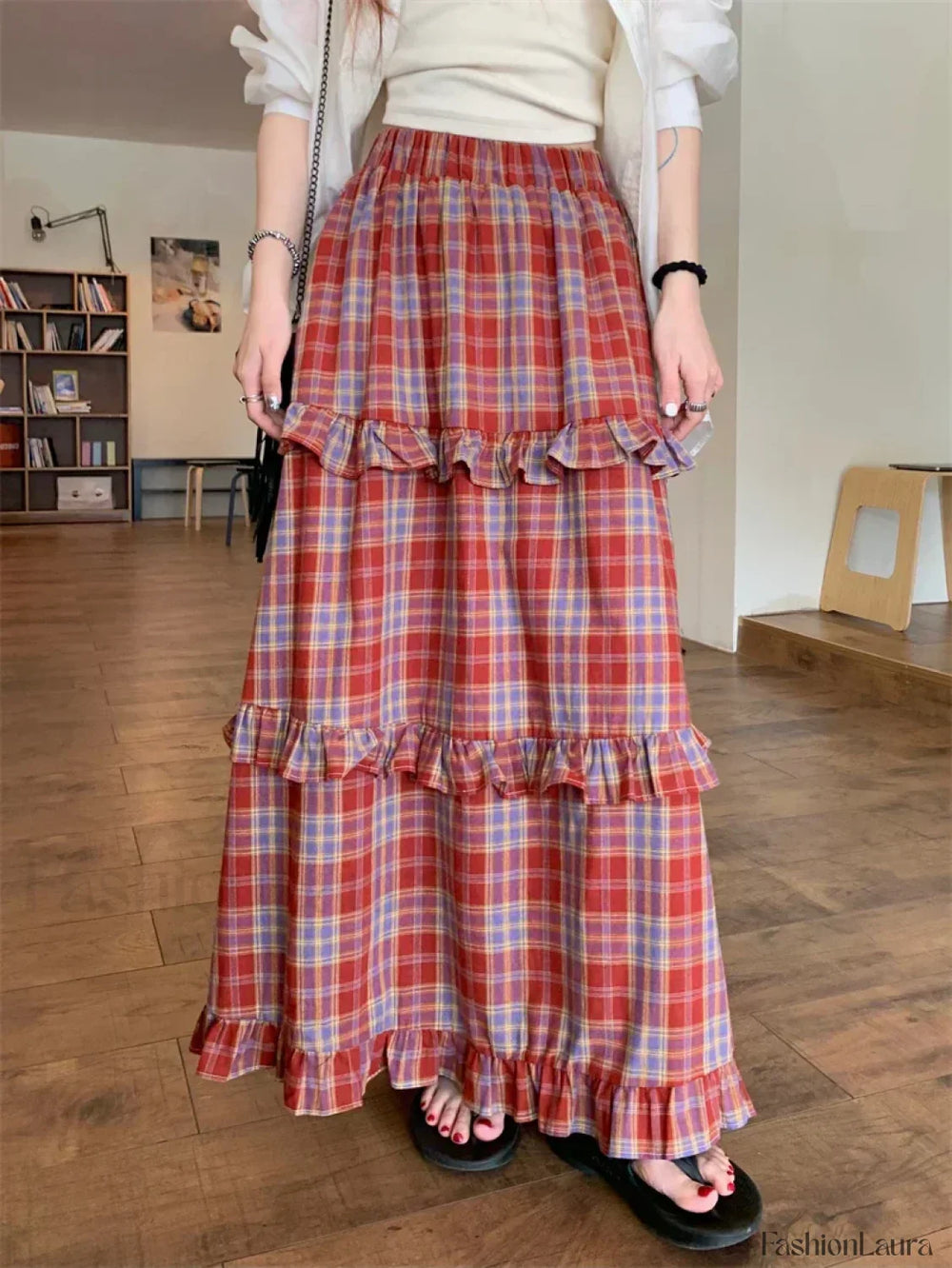 Ruffle Trim Plaid Maxi Skirt Red / One Size