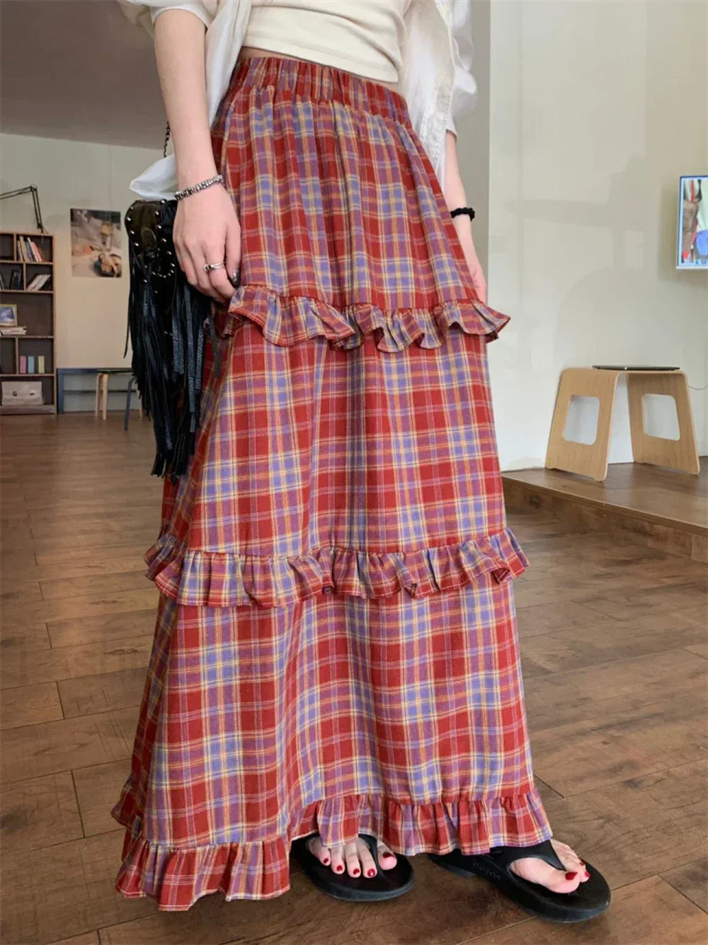 Ruffle Trim Plaid Maxi Skirt Red / One Size