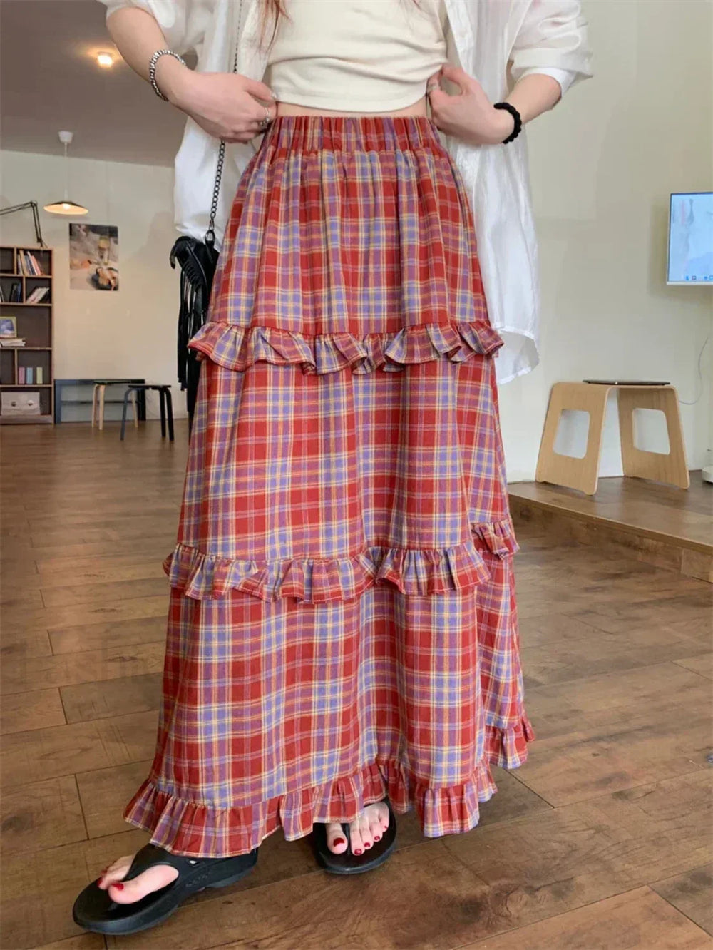 Ruffle Trim Plaid Maxi Skirt Red / One Size