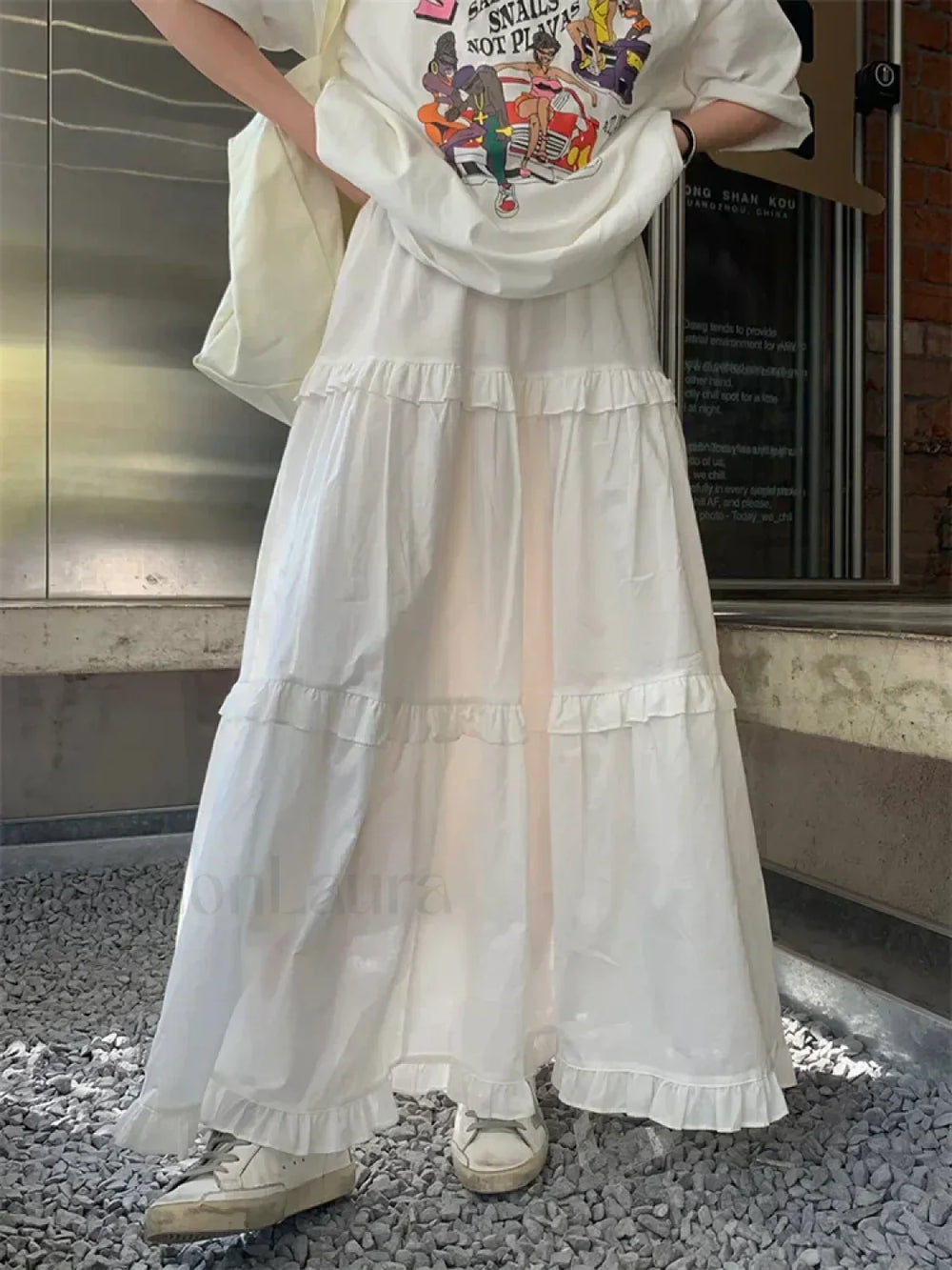 Ruffle Trim White Korean Style Elastic Waist Swing Skirt WHITE / One Size