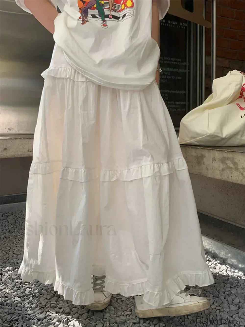 Ruffle Trim White Korean Style Elastic Waist Swing Skirt WHITE / One Size