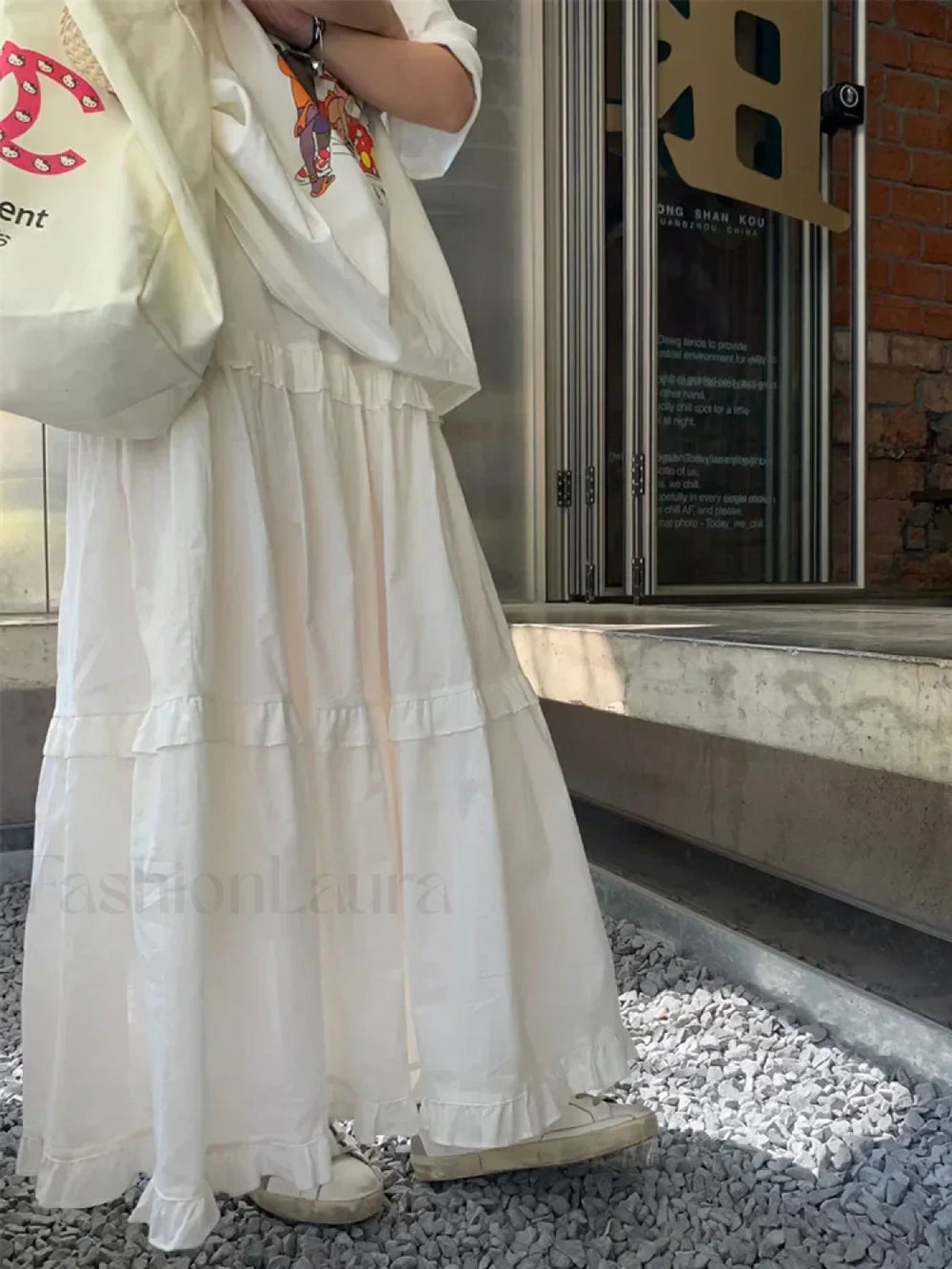 Ruffle Trim White Korean Style Elastic Waist Swing Skirt WHITE / One Size