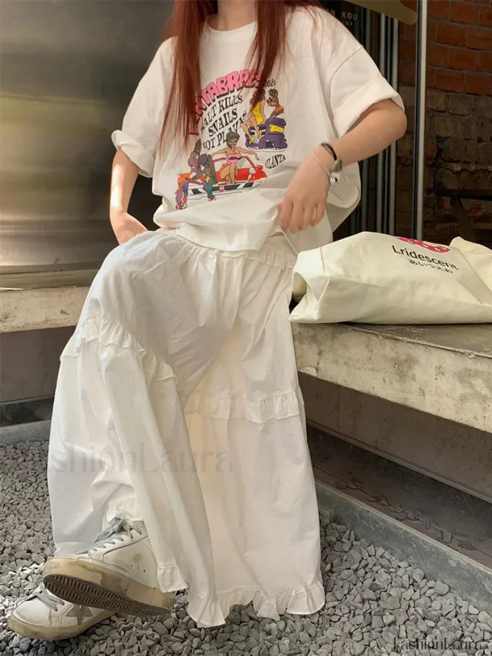 Ruffle Trim White Korean Style Elastic Waist Swing Skirt WHITE / One Size