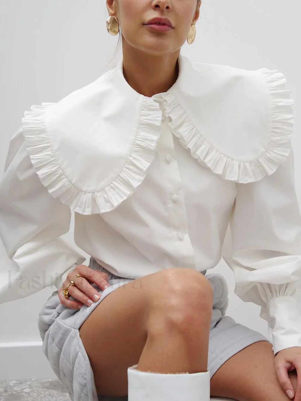 Ruffled Collar Graceful Long Sleeve Shirt White / XS Shirts