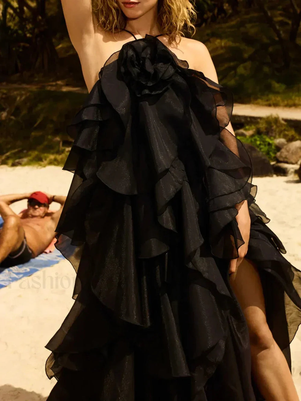 Ruffled Flower Chiffon Maxi Dress