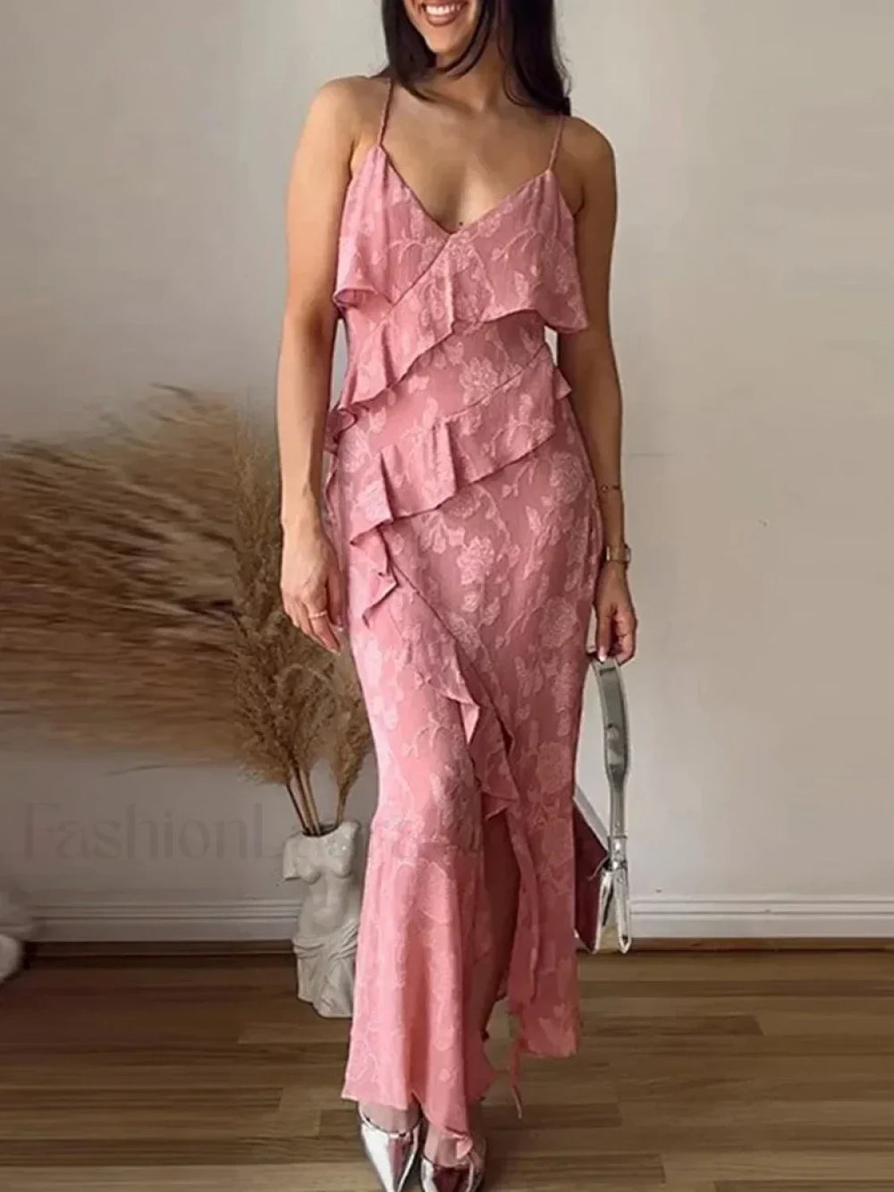 Ruffled Jacquard Split Maxi Dress