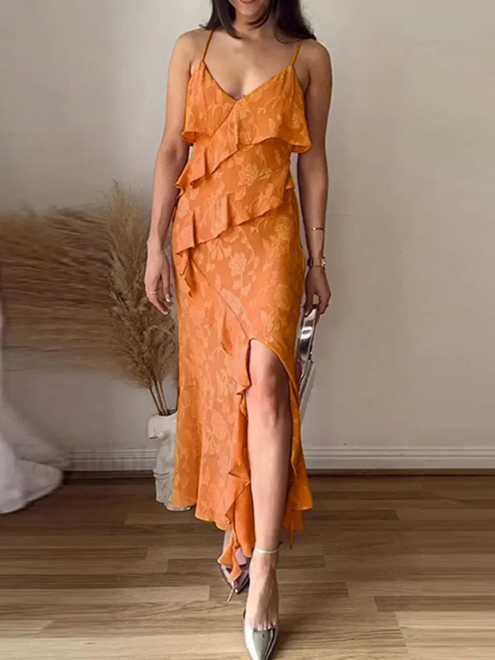 Ruffled Jacquard Split Maxi Dress Orange / S