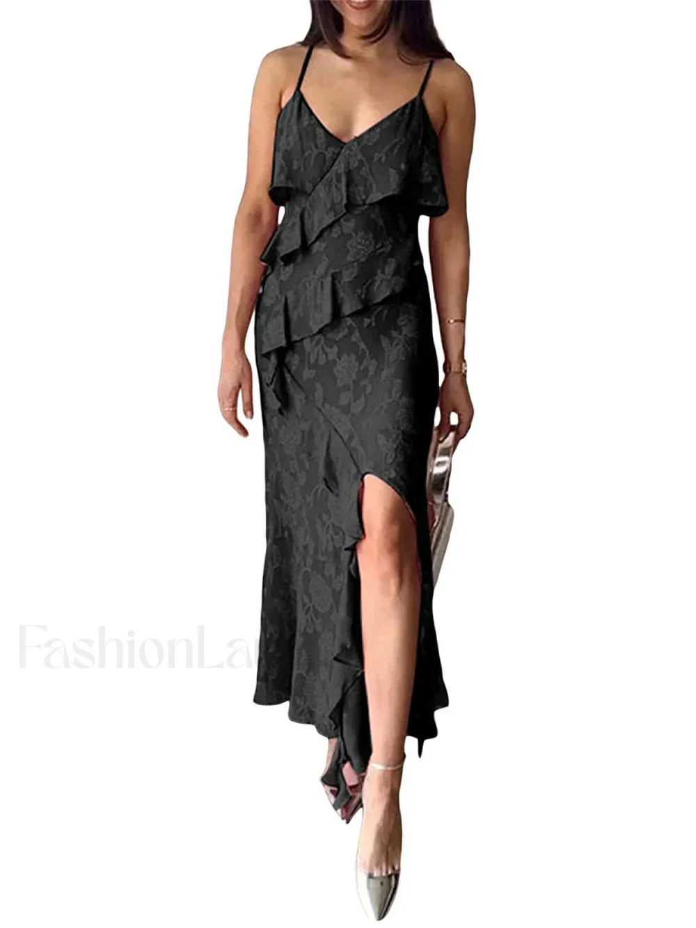 Ruffled Jacquard Split Maxi Dress Black / S