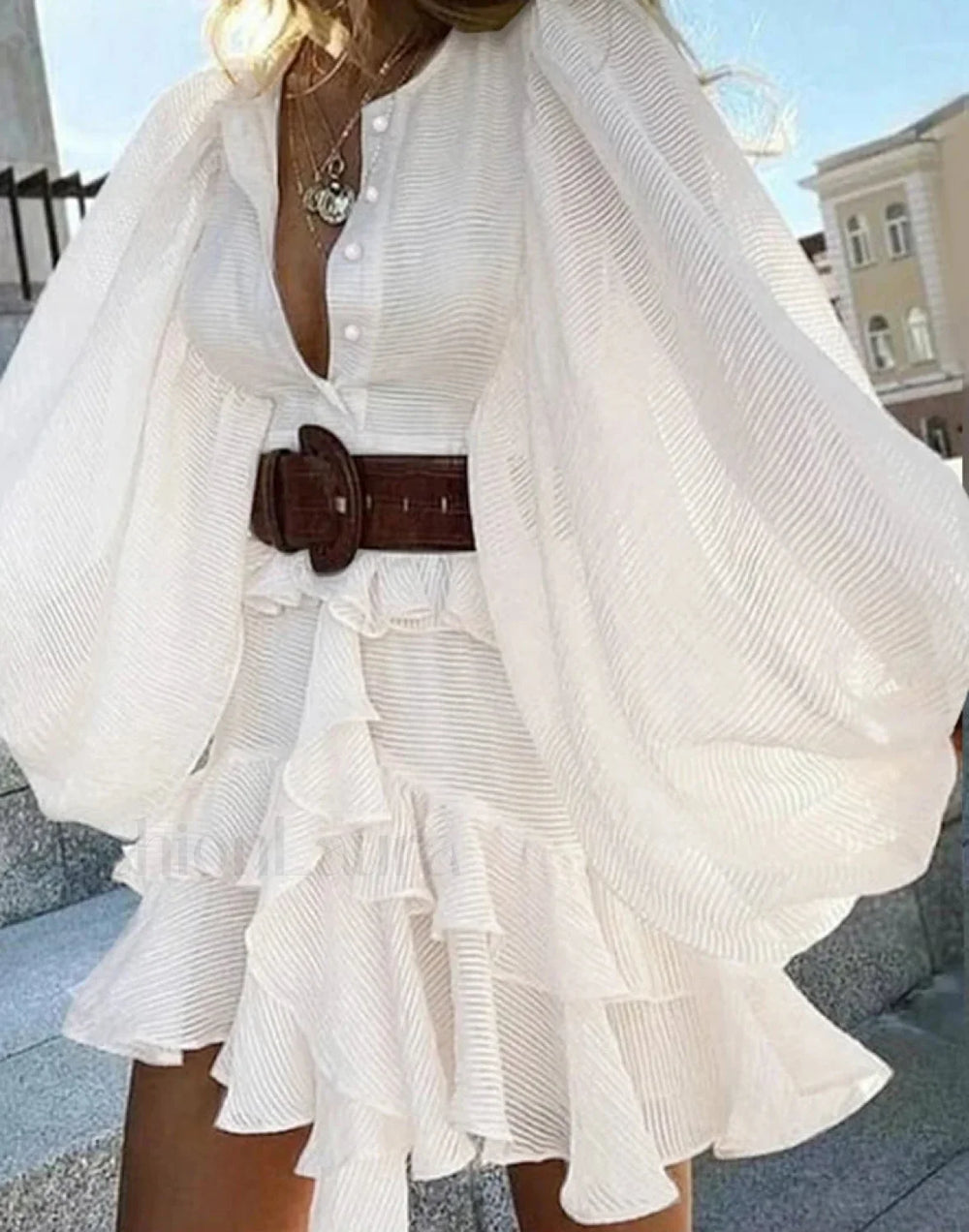 Ruffled Multi Layer Boho Dress WHITE / S