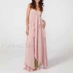 Ruffled Patchwork Chiffon Maxi Dress PINK / S
