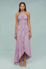 Ruffled Pleated Chiffon Maxi Dress Pink / XS