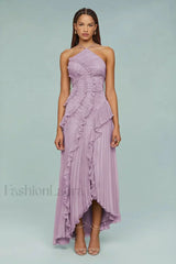 Ruffled Pleated Chiffon Maxi Dress Pink / XS