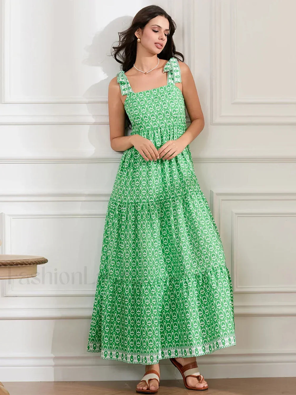 Ruffled Printed A Line Maxi Dress green / S