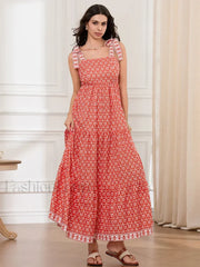 Ruffled Printed A Line Maxi Dress orange / S