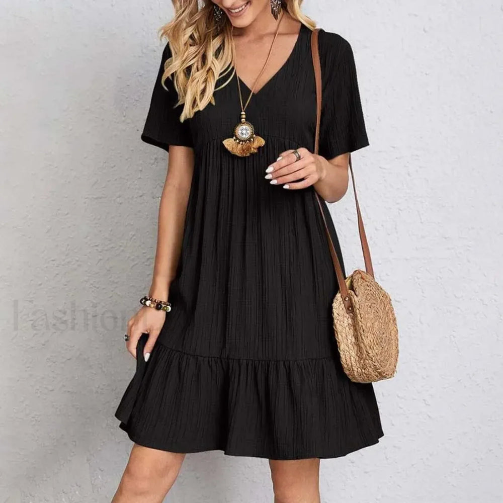 Ruffled Solid Mini Boho Dress Black / S