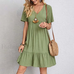 Ruffled Solid Mini Boho Dress Green / S