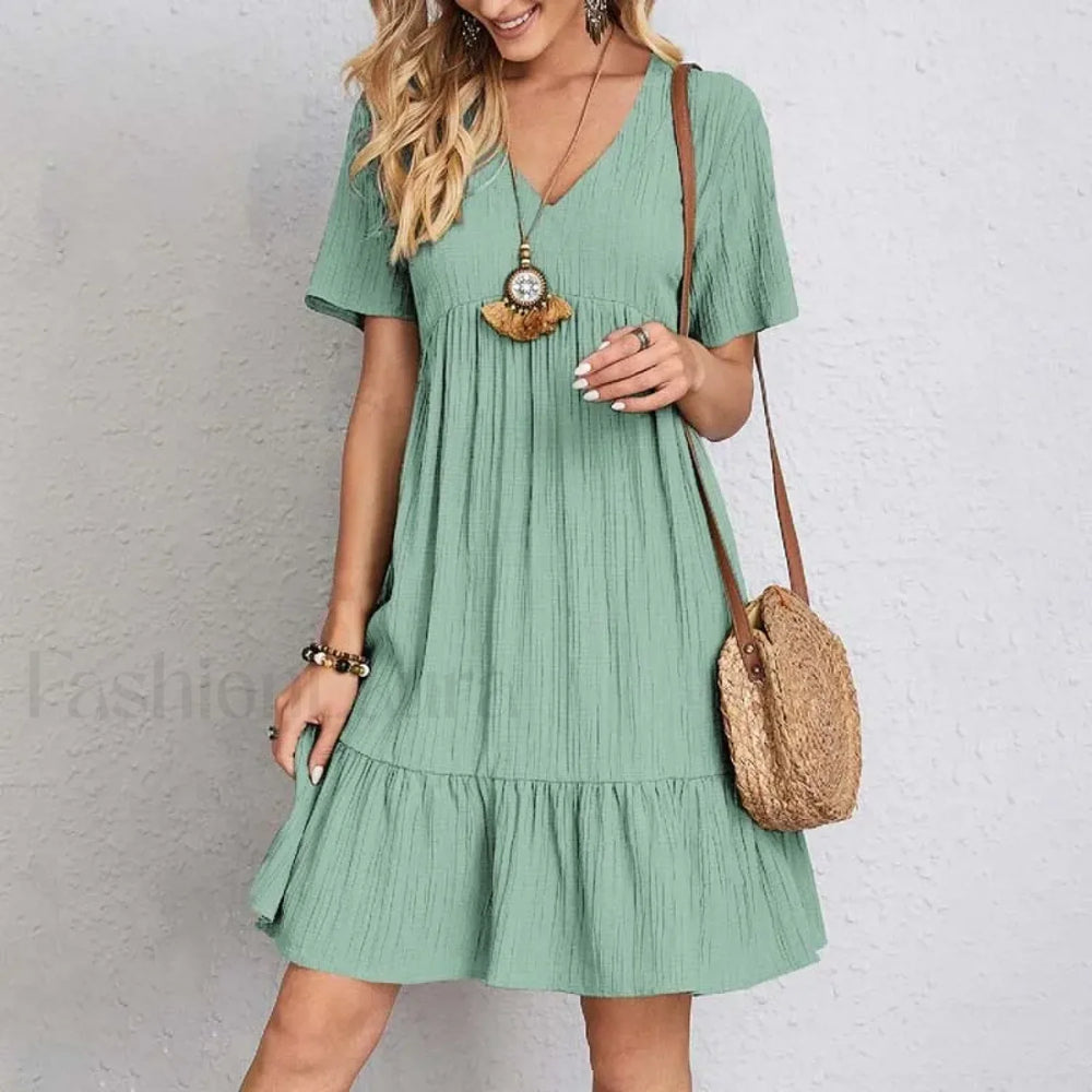 Ruffled Solid Mini Boho Dress Light Green / S