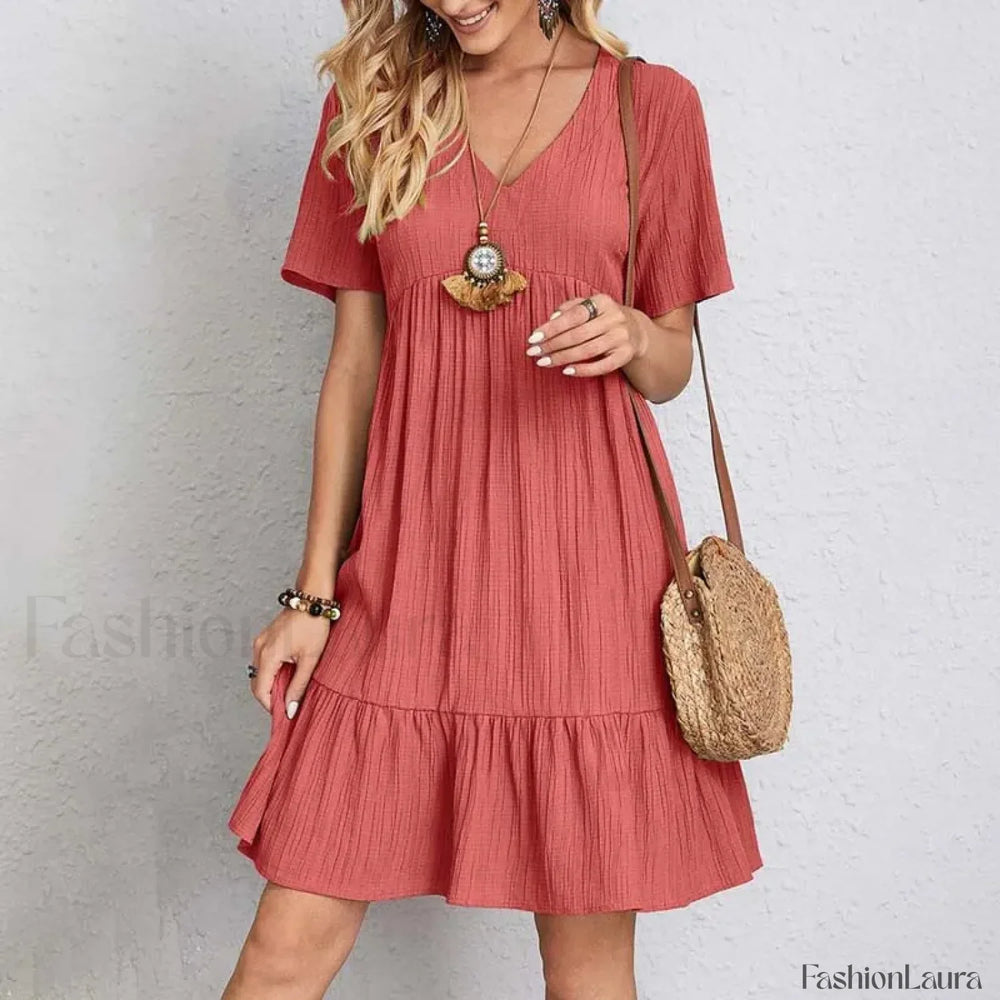 Ruffled Solid Mini Boho Dress Red / S
