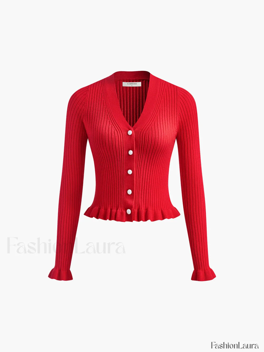 Ruffled Trim Pearl Button Long Sleeve Cardigan Cardigans