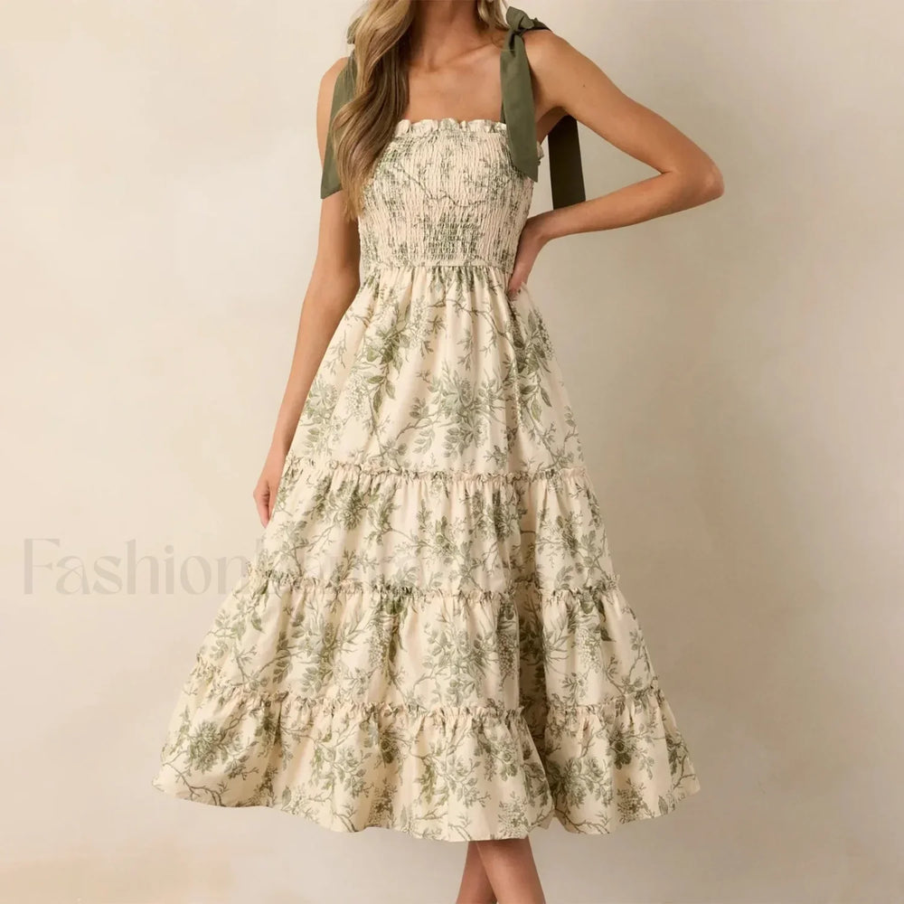 Ruffled Wide Strap Midi Dress Green / S