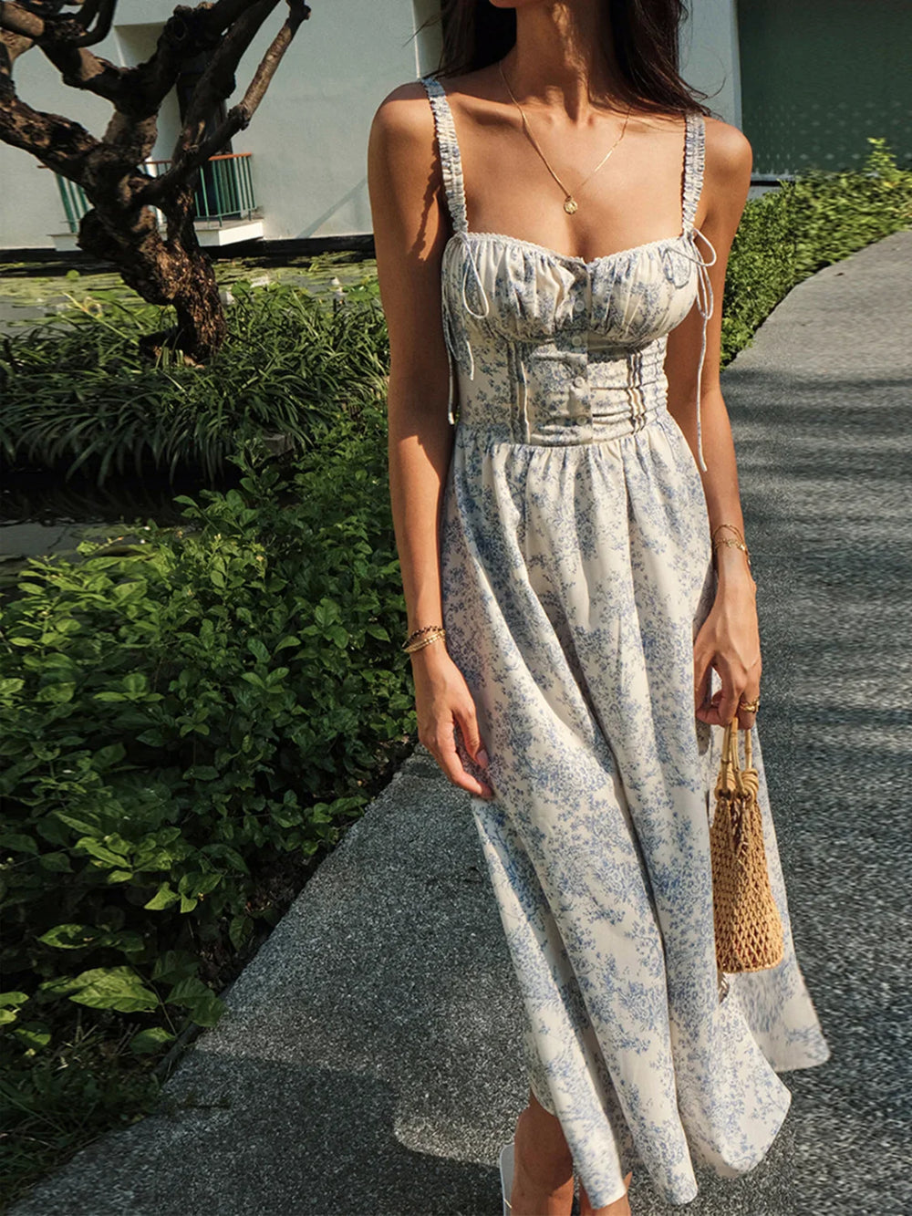 Sapphire Garden Floral Cami Midi Dress Bluewhite / XS Dresses