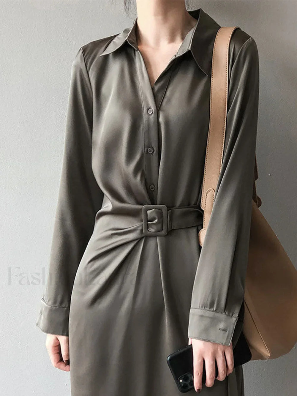 Satin Belted Long Sleeve Shirt Midi Dress Midi Dresses