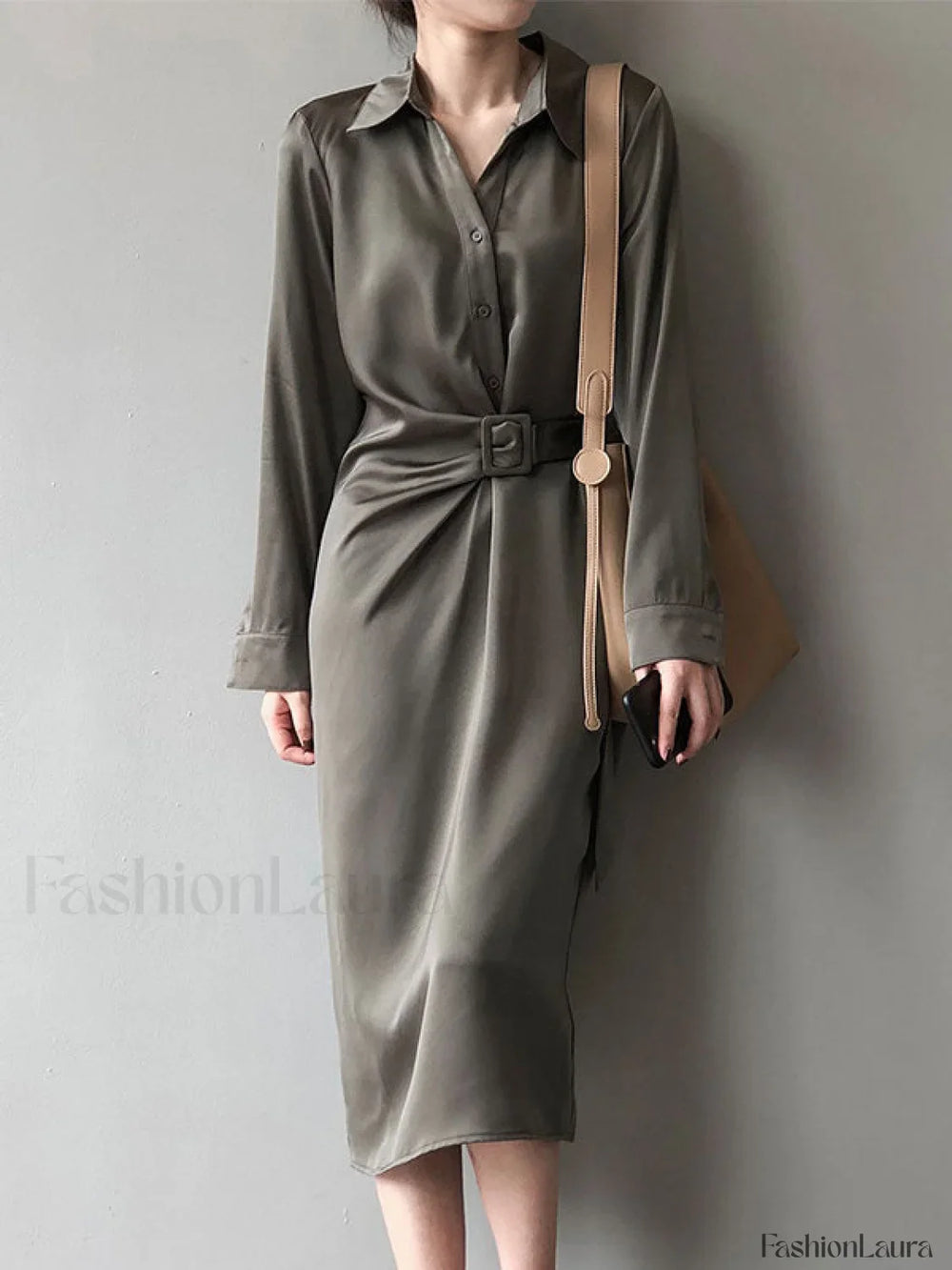 Satin Belted Long Sleeve Shirt Midi Dress Midi Dresses