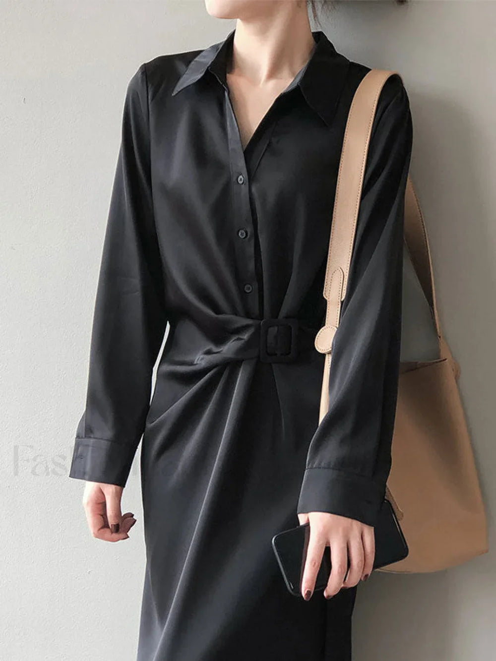 Satin Belted Long Sleeve Shirt Midi Dress Midi Dresses