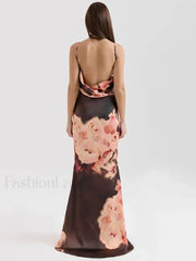 Satin Floral Spaghetti Maxi Dress