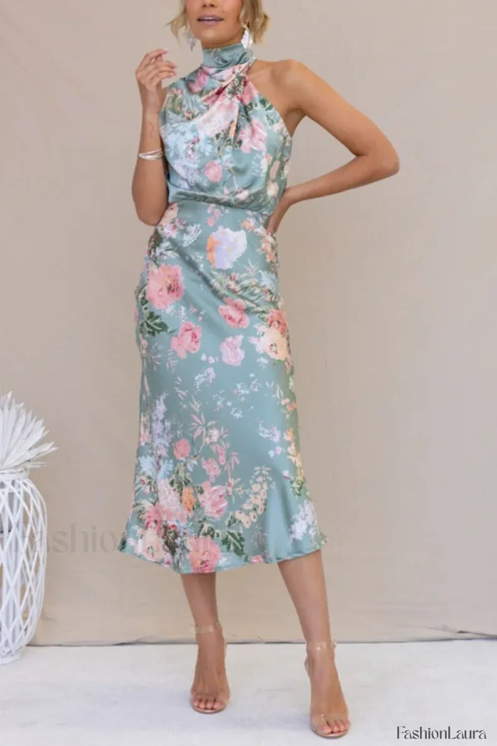 Satin Halter A Line Floral Dress Cyan printing / S