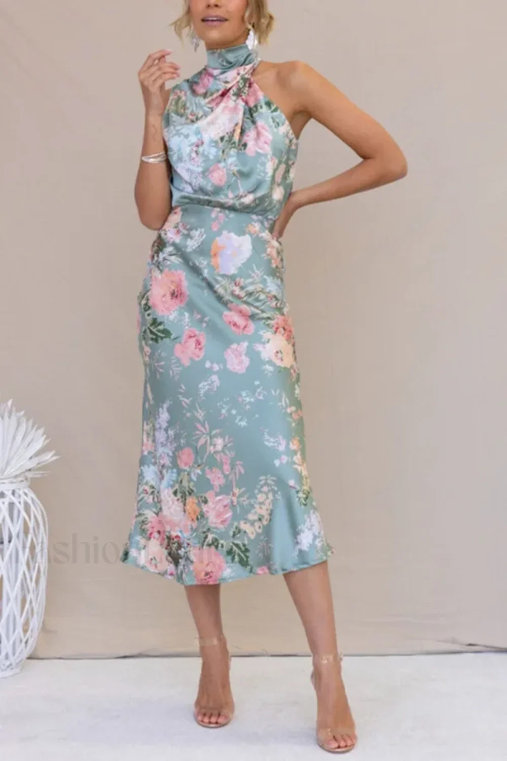 Satin Halter A Line Floral Dress Cyan printing / S
